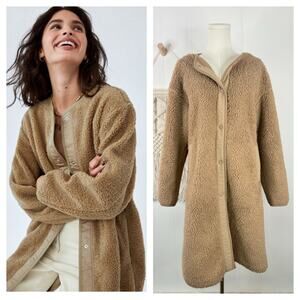 Uniqlo Tan Teddy Coat Womens Small Longline Fleece Sherpa Jacket No Collar